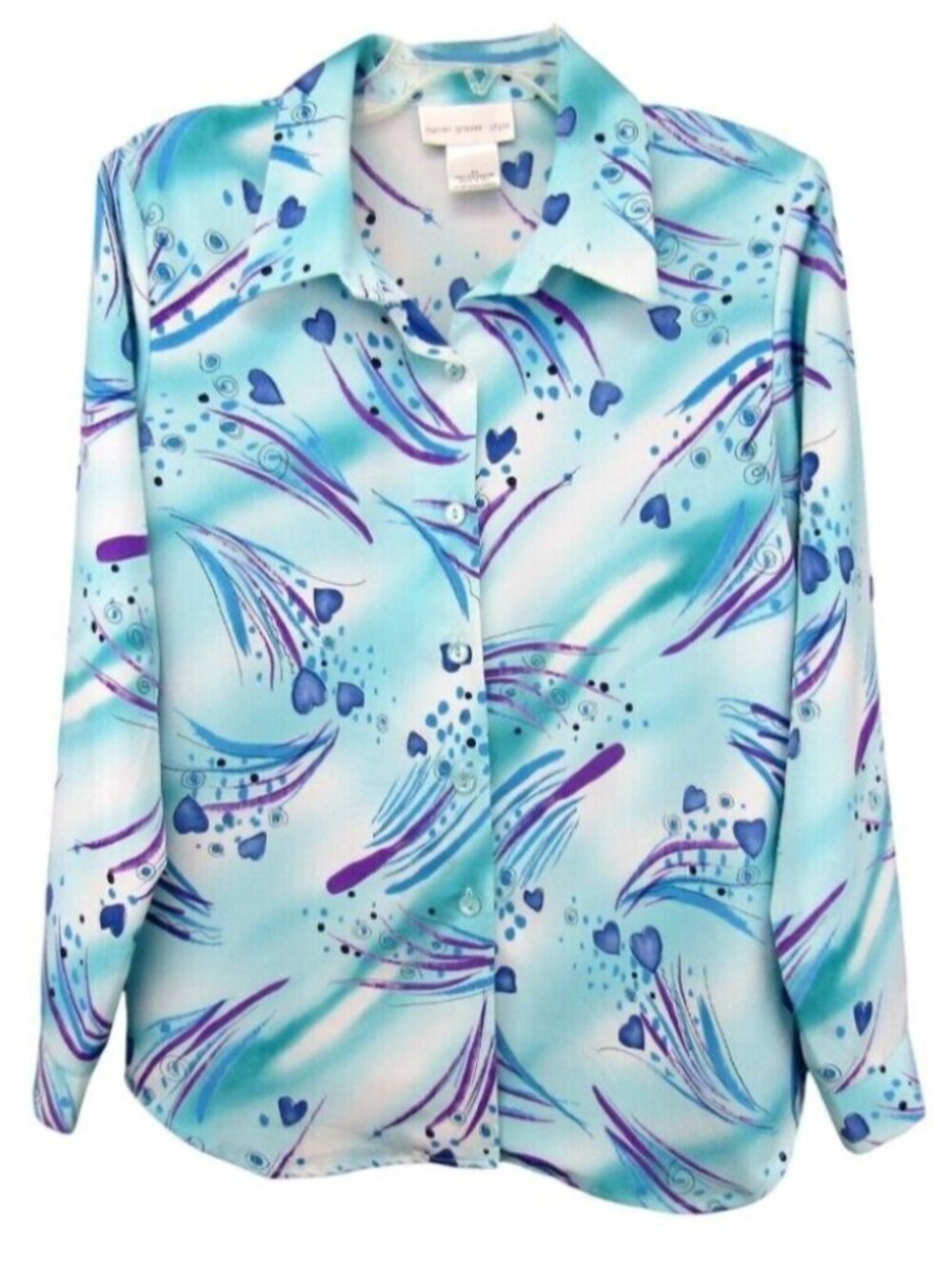 Susan Graver Peachskin Heart Print Big Shirt Blue Size M Polyester Long Sleeve